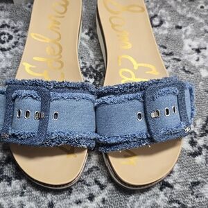 Sam Edelman Denim Buckle Slide Mules in Light Blue